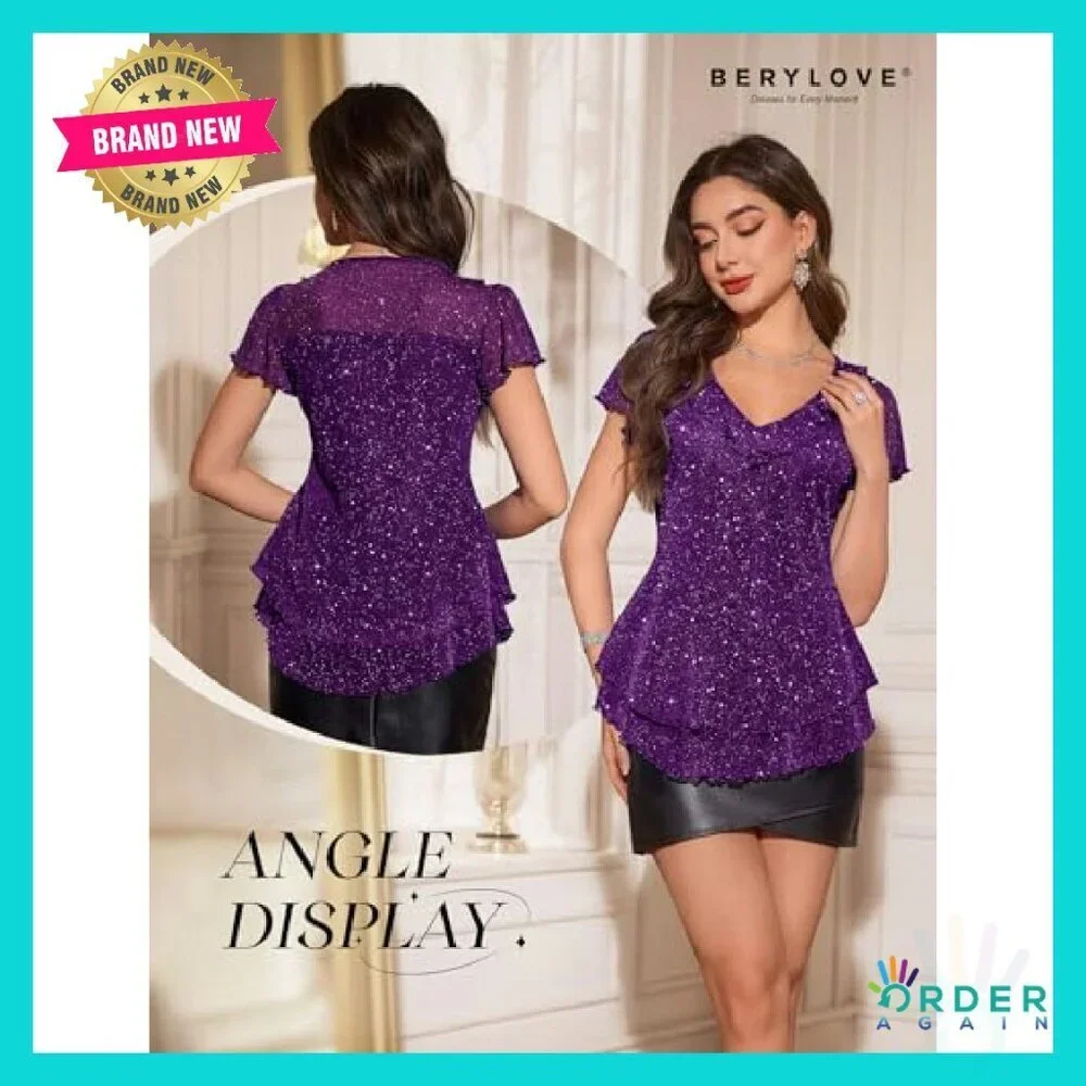 Sparkly Sequin V-Neck Ruffle Top Elegant Chic Party Wear Summer Casual